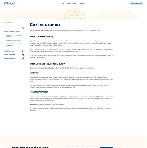Insurance website with the title 'PolicyPals article page '