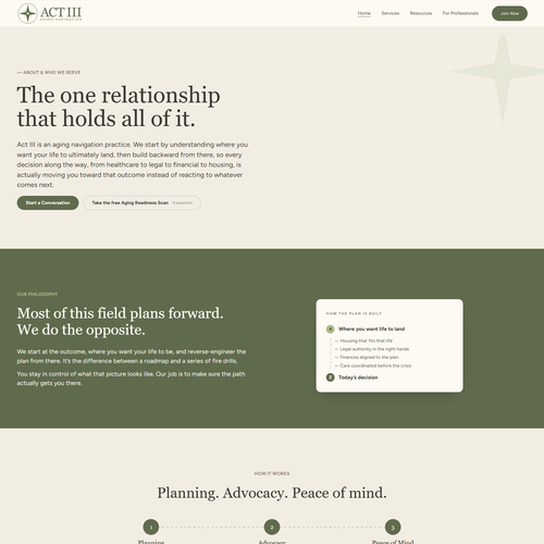 Design with the title 'Brand Identity & Website for an Aging Navigation and Caregiving Practice'