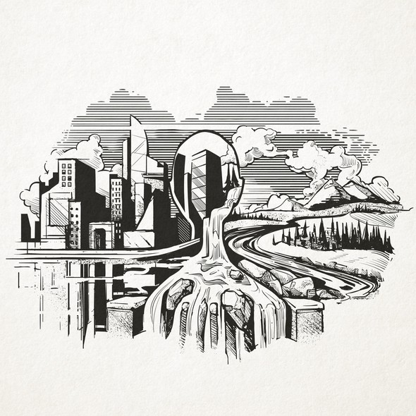 Engraving illustration with the title 'Two Worlds Spirit'