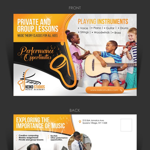 Instrument design with the title 'Creative post card concept for music school'