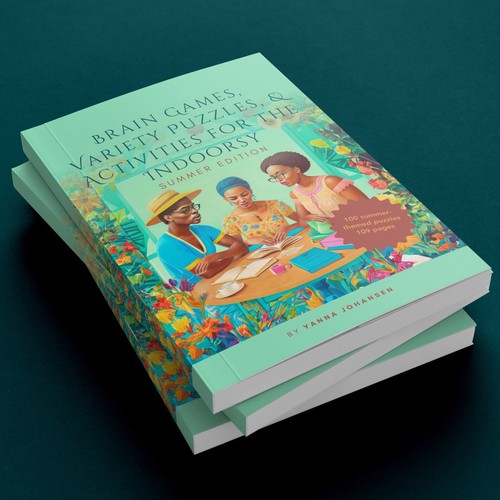 Summer book cover with the title 'Front book cover for a collection of brain games, variety puzzles and activities'