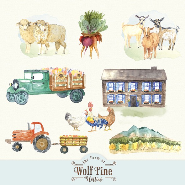 Chicken artwork with the title 'The Farm at Wolf Pine Hollow - web site icons 🐐🐓 ❤️🚜'