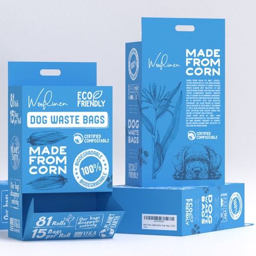 Eco-friendly packaging with the title 'Bulk Display Box for Dog Waste Bag'