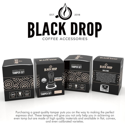 Coffee packaging with the title 'PRODUCT PACKAGING FOR DBLACK DROP'