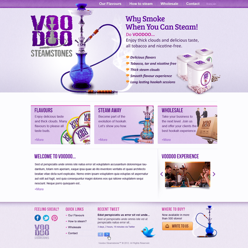Purple website with the title 'New website design wanted for Voodoo steamstones'
