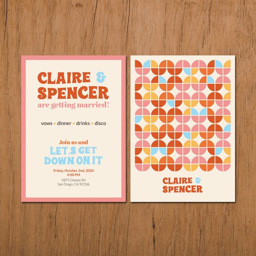 70s design with the title 'Wedding Invivation + RSVP card'