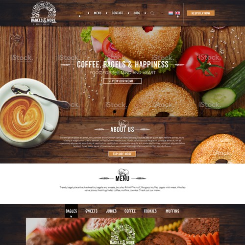 Coffee website with the title '"Healthy & RAWWW, new Bagel place needs trendy website'