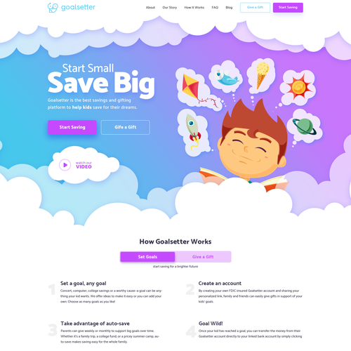 Playful website with the title 'Playful web design for a kids saving platform.'