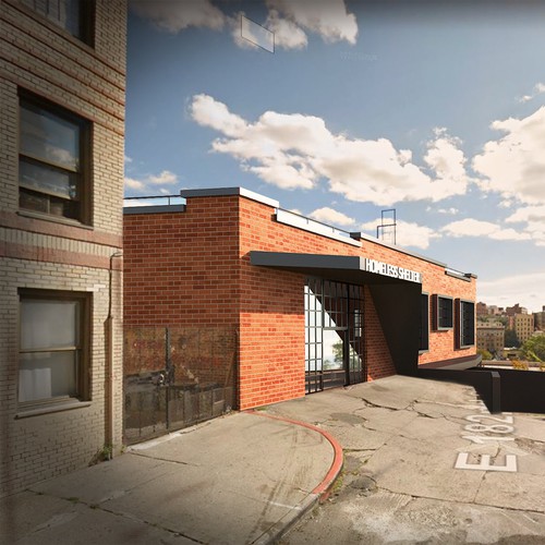 Photoshop illustration with the title '3D Model + Rendering +photo-montage of homeless shelter'