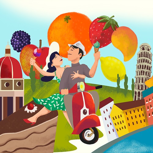 Fruit artwork with the title 'cakes and icecream!'