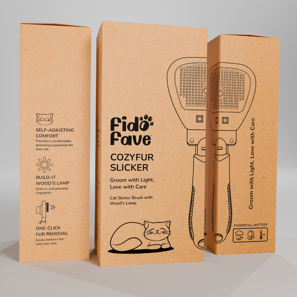 Kraft paper packaging with the title 'Minimalist and cute design for a modern and versatile cat brush'