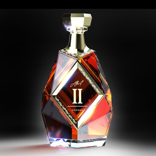 Vodka packaging with the title 'Albert II Conceptual design for a Cognac Bottle (Ninth iteration) thicker bottom and decoration added.'
