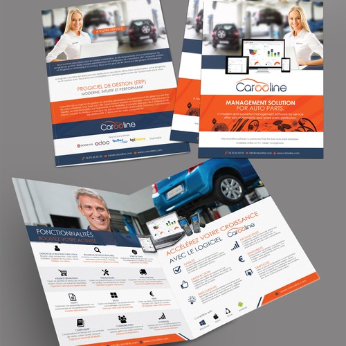 Software design with the title 'bifold brochure for the auto management solution software'