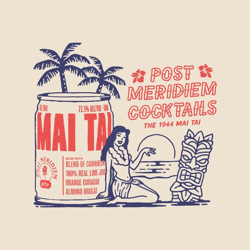 Tiki design with the title 'hawaiian  style illustration for Mai Tai, Post Meridiem Cocktails'