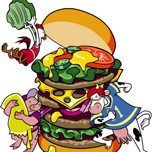 Cartoon artwork with the title 'Cartoon Illustration - Farm Animals Building a Hamburger'