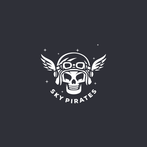 Swing logo with the title 'Bearded Pirate Skull either Parachuting or a prop plane with skull as the engine and bones as the propellers head on view or a swooshy type word font'