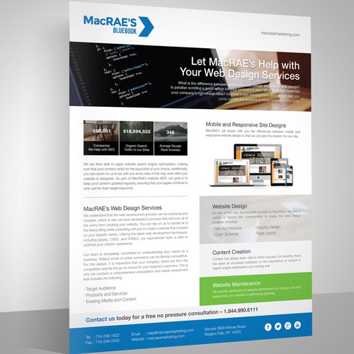 Handout design with the title 'Media Kit for MacRAE'S BLUEBOOK, The SEO Marketing Company'