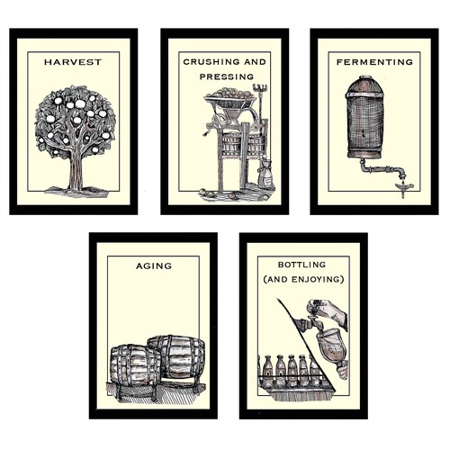 Ink artwork with the title 'Vintage cider making process '
