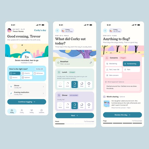 UI design with the title 'Caregiver Logging That Feels Like Care'