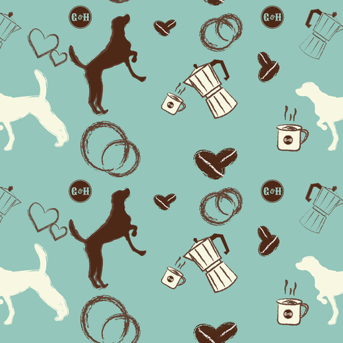 Cafe illustration with the title 'Pattern for Coffee Loving Dog Parents'