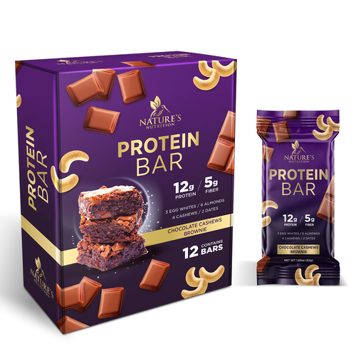 Chocolate packaging with the title 'Tasty Chocolate Protein Bar (12) Bar Box Needed for Nature's Nutrition'