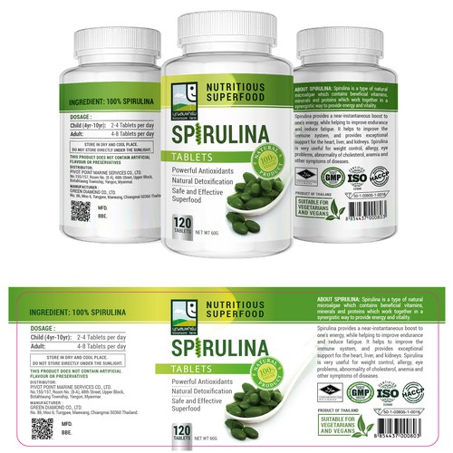 Nutrition label with the title 'Label for supplement bottle of Spirulina'