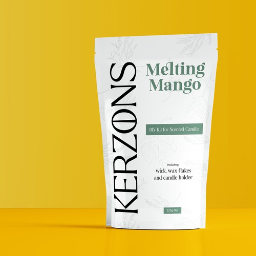 Candle packaging with the title 'Melting Mango Scented Candle'