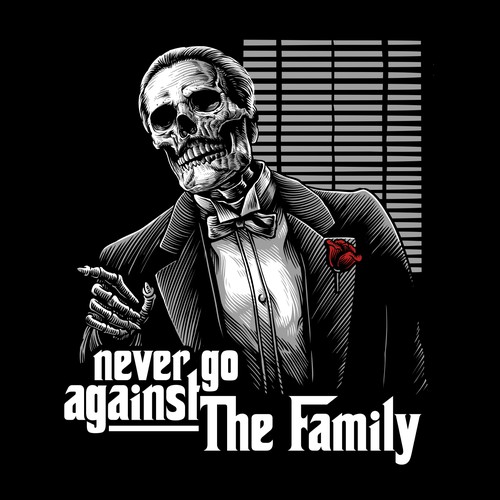 Line art t-shirt with the title ' GODFATHER - Fun pop culture t-shirt design inspired by the film The Godfather'