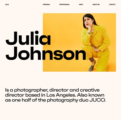 Photography website with the title 'Website concept for a Julia Johnson — 0photographer, director and creative director based in Los Angeles'