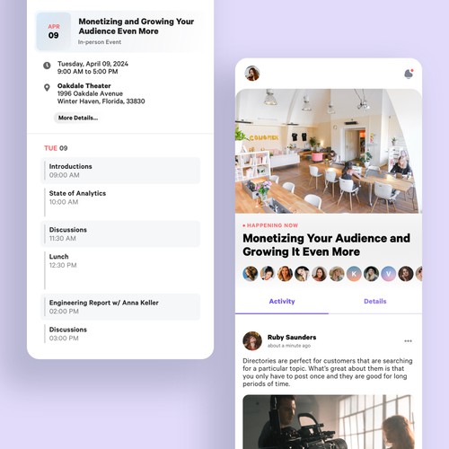 Feed design with the title 'Social app for exclusive events'