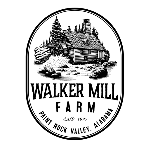 Antique logo with the title 'Etched illustration of a river mill farm house'