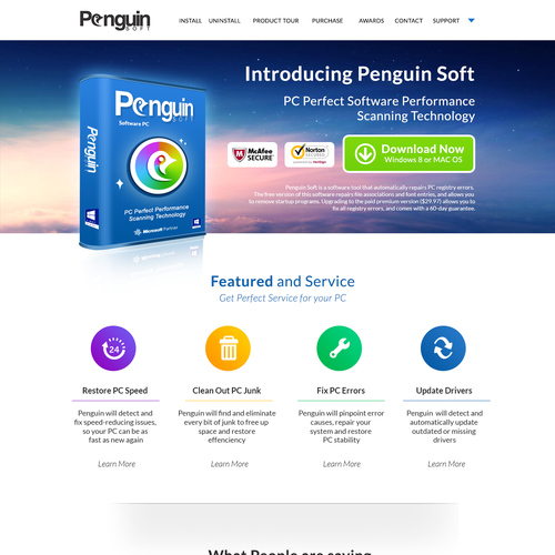 Product design website with the title 'Help Penguin Soft by Designing us a Killer Website!'