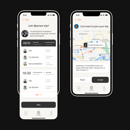Taxi design with the title 'Samkjøring IOS App'