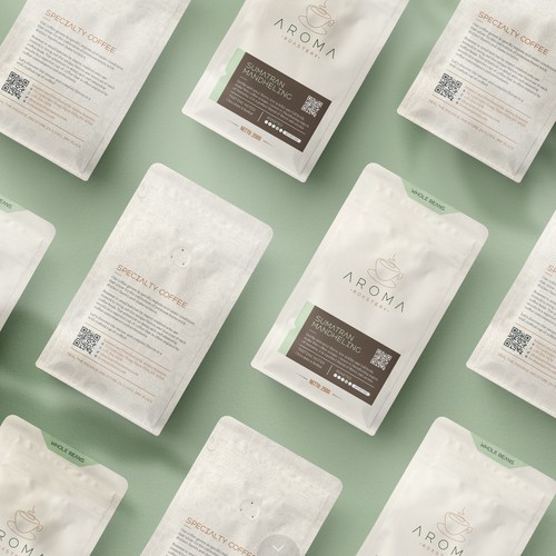 Pouch design with the title 'Clean yet Modern Packaging Design of Aroma Roastery Specialty Coffee'