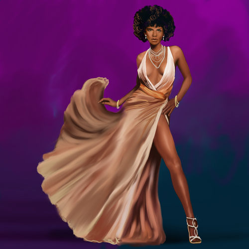 Realistic artwork with the title 'Hollywood Glam Woman Illustration'