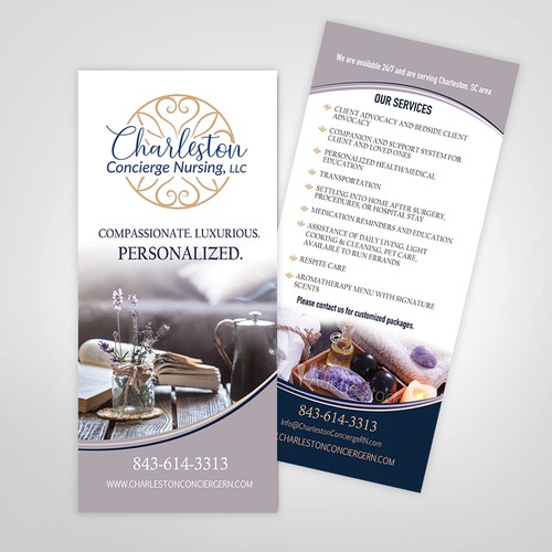 Rack card design with the title 'An elegant and unique rack card for Charleston Concierge Nursing'