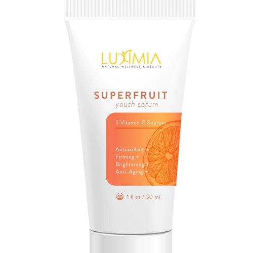 Serum label with the title 'Luximia, superfruit youth serum packaging design'