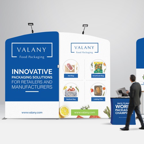 White and blue design with the title 'Valany Trade Show Booth'