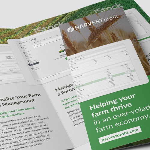Tablet design with the title 'Harvest Profit Tri-fold Brochure'