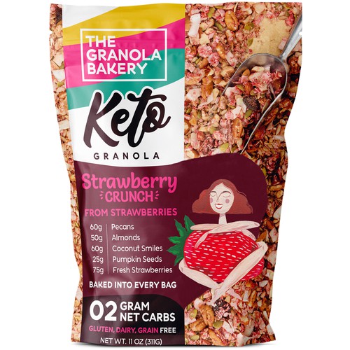 Strawberry packaging with the title 'mascot design for keto products'