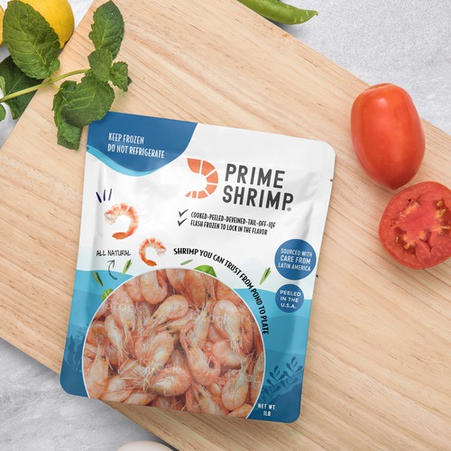 Frozen food packaging with the title 'Shrimp Packaging Design'