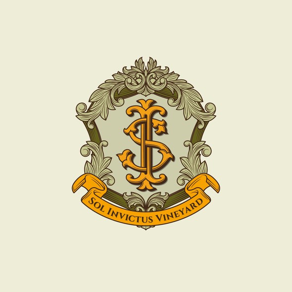 Baroque design with the title 'Classic crest logo design for Sol Invictus Vineyard'