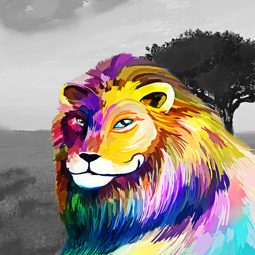 Picture design with the title 'Colorful Lion Oil Painting'