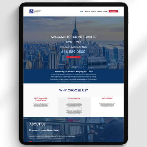 Blue website with the title 'TSS Integrated Systems – Fire Alarm Website Design'