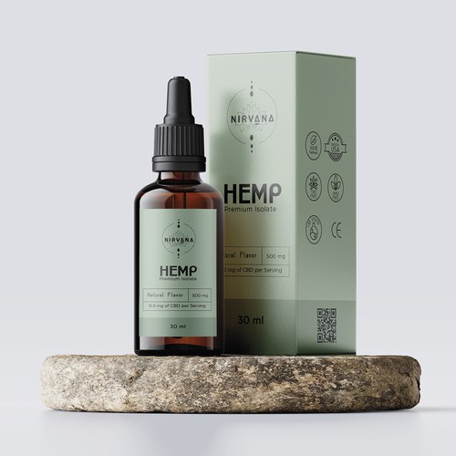 Relationship design with the title 'Logo, Labels and packaging line for NIRVANA. Hemp Oils'