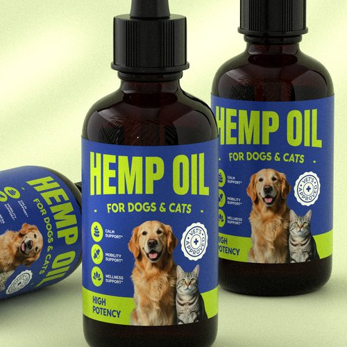 Hemp oil label with the title 'Hemp Oil for Dogs & Cats'