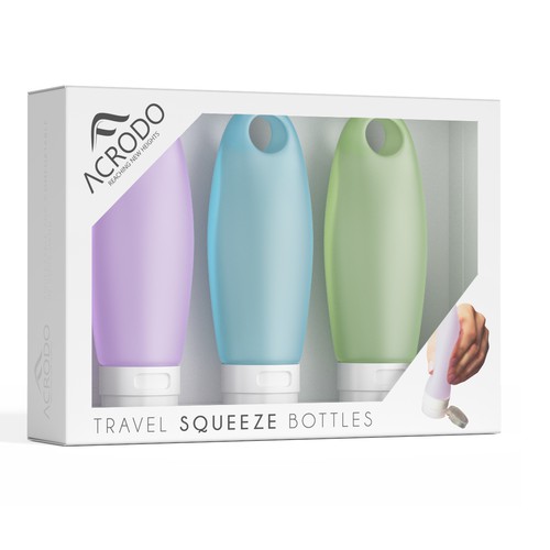Blender 3D design with the title 'Create Capturing Product Packaging for Acrodo Travel Squeeze Bottles'