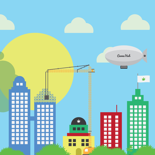 Cityscape artwork with the title 'Cannabis Themed Cityscape Illustration'