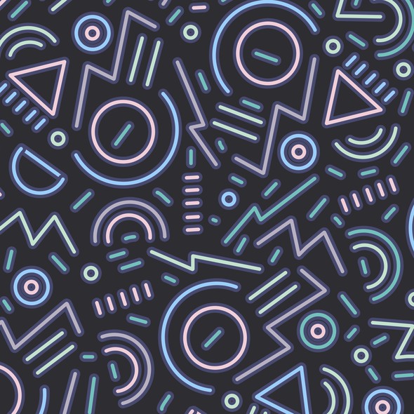 Neon artwork with the title '80s themed seamless vector pattern.'