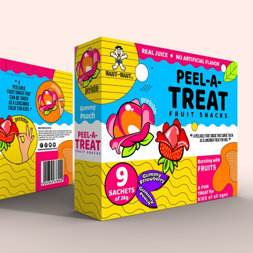 Fruit packaging with the title 'Peel A Treat Fruit Snacks  Fun Vibrant packaging Box'